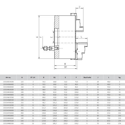 BISON 3-Bakket Centrerpatron Ø125 mm-Stål-Kegle 4-DIN 55027-Direkte montering (Bajonet)-3534-125-4